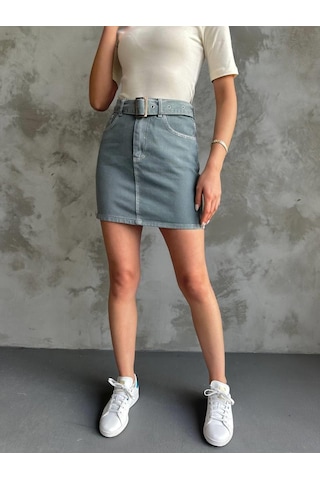 Kadın Kemer Detaylı Kot Mini Etek-mavi Mavi