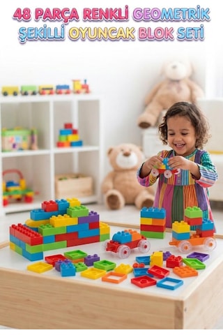 48 Parça Renkli Geometrik Şekilli Tekerlekli Blok Seti Eğitici Ve Geliştirici Geçmeli Yapı Oyun Seti