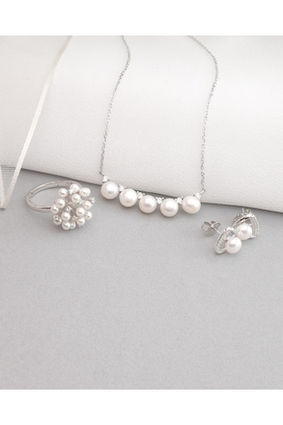 Brezza Lusso Jewelry Special Luxury Pearl Kadın Gümüş Kolye Küpe Yüzük İnci Set