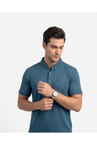 Özeniş Erkek Polo Yaka Slim Fit Çizgili Desen Kaşkorse T-shirt Nefti Yeşili