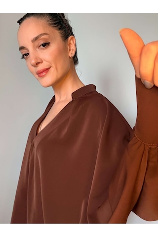Ali Butik Kahve Yarasa Kol V Yaka Tasarım Gömlek Kahve