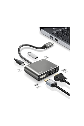 4 Ü 1 Arada Type - C To Hub Dönüştürücü Adaptör - 4k Ultra Hd Hdmı & Vga Görüntü Aktarımı, Pd Hızlı Şarj Destekli, Usb Çoklayıcı