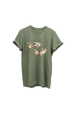 Beşli Keklik Baskılı Doğa Ve Av Temalı %100 Pamuk Regular Fit Unisex T-shirt Haki