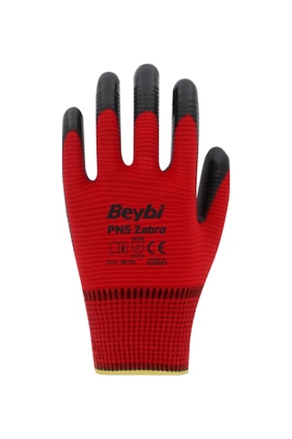 Beybi PN5 Zebra Polyester Örme Nitril İş Eldiveni 12 Çift – Kırmızı - Siyah