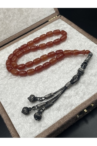 1000 Ayar Trabzon Kazaz Püsküllü Sıkma Kehribar Tespih 8x11 Mm Gümüş
