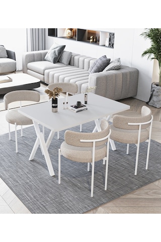 Avvio Beyaz Teddy Sandalye 80x120 Yemek Masası Mutfak Masası 4 Kişilik Masa Sandalye Takımı Beyaz
