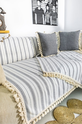 Dnc Home Tekstil Ndchome Gri Çizgili Otantik Keten Koltuk Örtüsü