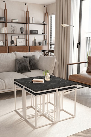 Lizbon 4+1 Kare Sehpa Takımı Beyaz Metal - Siyah Mermer Tabla