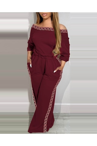 Soonaksesuar Kadın Uzun Kollu Omuzlardan Açık Beli Lastikli Cepli Şerit Desenli Viskon Iki Iplik Tulum Bordo