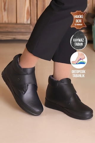 Kaptan Junior Hakiki Deri Kaymaz Taban Kürklü Ortopedik Anne Bot Zckmk 905 Siyah