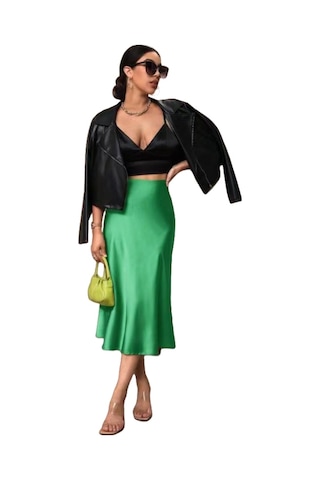 Kadın Saten Kalça Balık Etek Yeşil