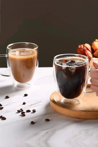 6'lı Çift Camlı 350 Ml Çift Cidarlı Cam Kupa Ev Ofis Fincanı Çift Katlı Isı Yalıtımlı Kulplu Bardak