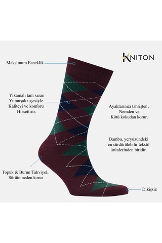 Dikişsiz Bambu Çorap Baklava Desenli Bordo Renk Bambu Erkek Çorap Kutulu 5 Çift Premium Uzun Çorap Soket Çorap Bambu Mix
