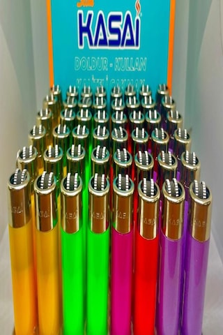 Kasai Slim Renkli Taşlı Çakmak 48 Li Paket Silindir Model Çok Renkli