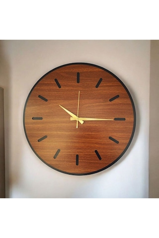 Ahşap Ceviz Renk Sade Sayılı Hediyelik Sessiz Duvar Saati 50cm Kahverengi