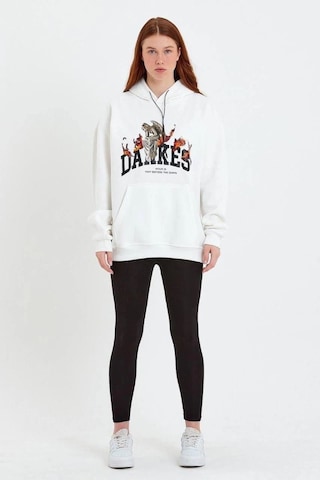 Mbb E-ticaret Kadın Oversize Kapüşonlu Cepli Baskılı 3 İplik Pamuklu Hoodie Sweatshirt - Beyaz