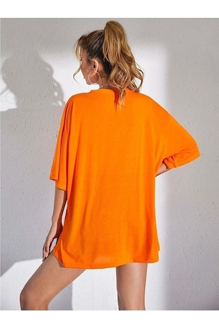 Minimal Kalp T-shirt - Turuncu Baskılı Oversize Bisiklet Yaka Kısa Kol Tişört Turuncu