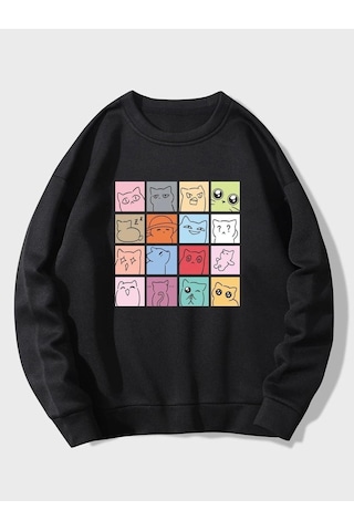 Clayes Kedimoji Sweatshirt - Siyah Baskılı Oversize Bisiklet Yaka Siyah