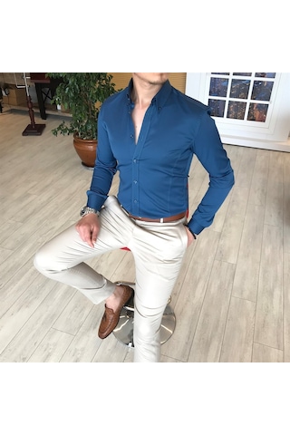 Italyan Stil Slim Fit Dik Yaka Saten Erkek Gömlek Lacivert T4752