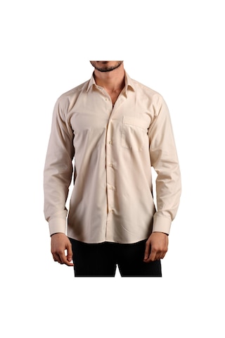 Bej Büyük Beden Rahat Kesim Cepli Uzun Kol Regular Fit Erkek Gömlek - 150-11 001