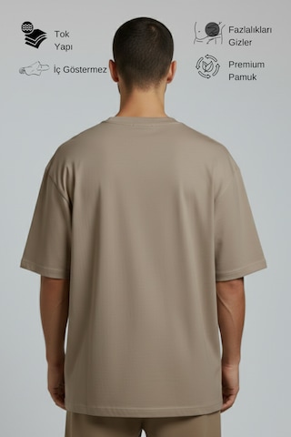 Allunique Erkek Pamuklu Oversize Bisiklet Yaka Vizon T-shirt