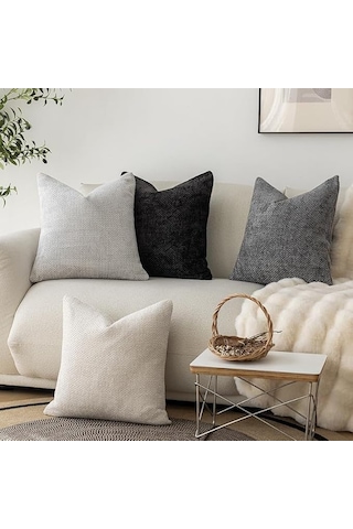 Teltree Bohem Tarzı Kadife Yastık Kılıfı 4'lü Set - 45x45 Cm Yumuşak Doku, Nötr Tonlar Krem - Gümüş Gri - Koyu Gri - Siyah