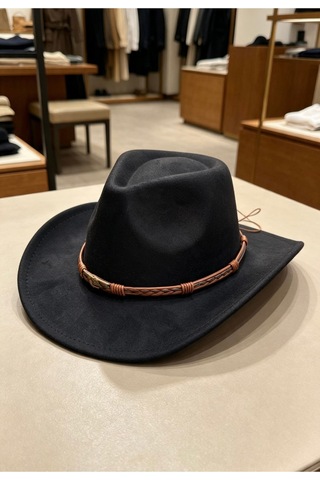 Gigi Luxe Erkek Siyah Western Kovboy Şapkası Örgü Deri Bantlı Cowboy Hat Siyah Siyah