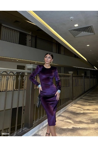 Kadın Bisiklet Yaka Vatkalı Manşet Detay Kadife Kumaş Midi Boy Elbise Mor