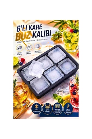 6 Bölmeli Silikon Buz Kalıbı - 6'li Silikon Kare Buzluk Kokteyl Sunum Buz Kalıbı Siyah - Kırmızı