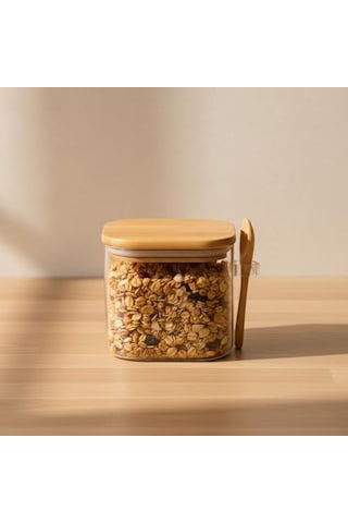 600 Ml Bambu Kapaklı Ve Kaşıklı Kare Cam Kavanoz, Vakumlu Ahşap Kapaklı Baharatlık, Kendinden Kaşık Yuvalı Şeker, Kahve Ve Banyo Tuzu Saklama Kabı 7009