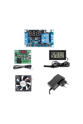 Kuluçka Makinesi Seti - 5 Parça - W1209 Termostat 12v - Isı Nem Ölçer - 12v Adaptör - 80x80 12v Fan - Zaman Rölesi-4928