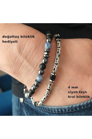 Bir Gümüş Aşkı 925 Ayar Gümüş Siyah Taşlı 4 Mm Kral Bileklik