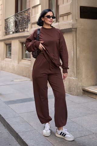 Mezka Regular Fit 2'li Takım Sweatshirt Beli Lastikli Jogger Eşofman Altı Kahverengi