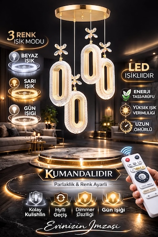 Serra Model 4'lü Gold 3 Renk Modu Ledli Modern Salon Mutfak Oturma Odası Led Avize Altın - Gold