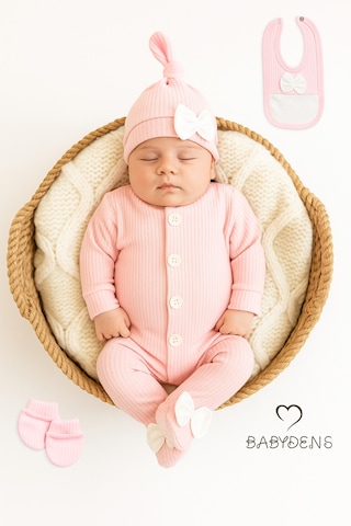 Babyden's 4 'lü Kız Bebek Fitilli Yenidoğan Bebek Tulum Seti %100 Pamuklu Hastane Çıkışı Açık Pembe
