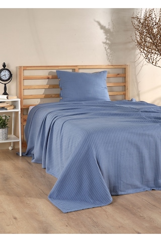 Tek Kişilik Örgü Desen Pike Yatak Örtüsü Seti 160x230 Cm Pike 50x70 Cm Yastık Soft Mavi