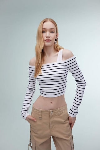 DeFacto Slim Fit Dar Kesim Çizgili Açık Omuz Triko Kazak B7573AX24SPNV31 Lacivert