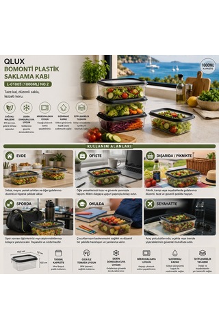 Qlux L-01005 No-2 Bomonti Plastik Saklama Kabı 3'lü Set - 1000 Ml- 6'li Paket Diğer