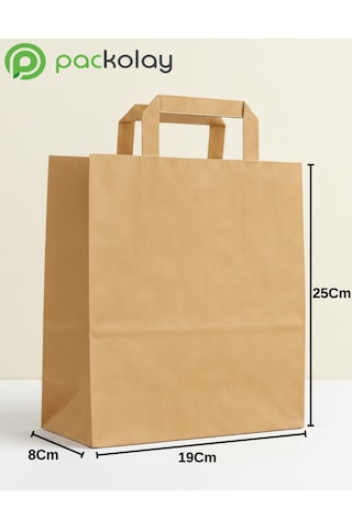 Flat Saplı Kraft Kağıt Çanta 19 8 25 Cm Doğal Kahverengi, Dayanıklı, Baskısız Çanta-250 Adet