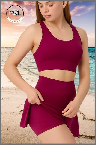 Kadın Şort Etekli Mayo Takım Üst Crop Sabit Pedli Çabuk Kuruyan Kumaş Plaj Giyim Mürdüm Takım Mürdüm