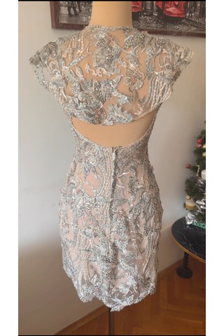 Chica Rosa Fashion Pelerinli Kristal İşlemeli Askılı Mini Elbise Gri - Mavi