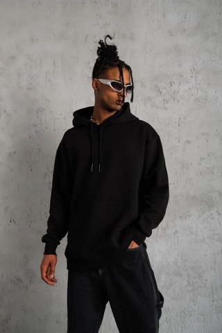 Vinevesta Erkek 3 İplik Pamuklu Kapüşonlu Cepli Düz Oversize Hoodie Sweatshirt - Siyah Çok Renkli