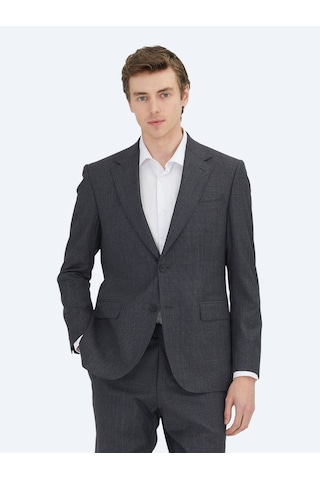 Antrasit Çizgili Modern Fit Yün Karışımlı Takım Elbise Antrasit