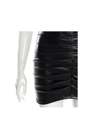 Şık Çanta Kalça Etek Mizaç Düz Renk Pileli Pu Kadın Etek Yakışıklı İnce Yüksek Bel A Kesim Etek Siyah