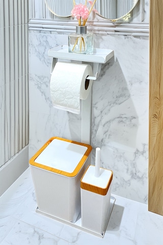 3'ü 1 Arada Banyo Seti Tuvalet Kağıtlık, Çöp Kovası Ve Tuvalet Fırça Takımı Beyaz - Kahverengi