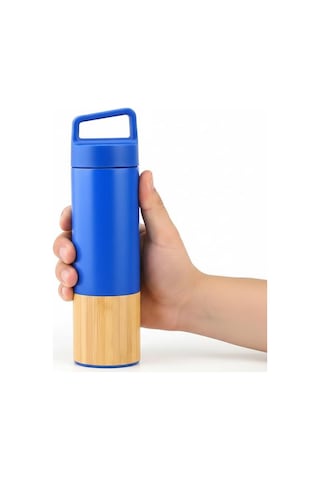 600 Ml Bambu Tabanlı Kulplu Çelik Termos Mug - 5 Renk Seçenekli Sıcak/soğuk Tutucu Seyahat Bardağı Mavi Çok Renkli