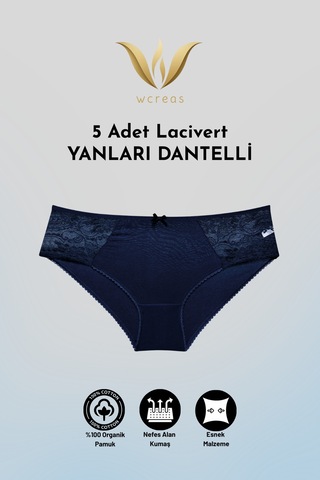 Wcreas Yanları Dantelli Pamuklu Kadın Bato Külot, 5'li Paket Pamuklu Yumuşak Kumaş Dantelli Külot Lacivert