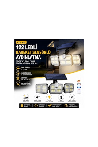Buffer 3'lü 122 Ledli Güneş Enerjili Hareket Sensörlü Aydınlatma, Dış Mekan Duvar Ve Bahçe Lambası