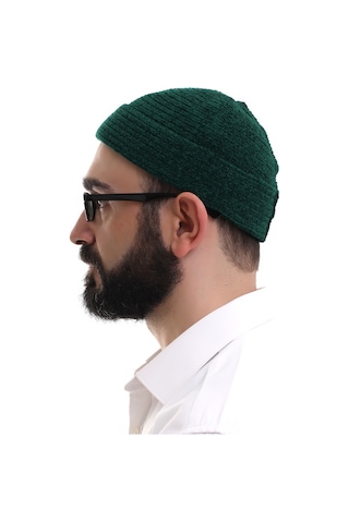 Yeşil Katlamalı Sade Desen Kışlık Kadife Takke Şapka