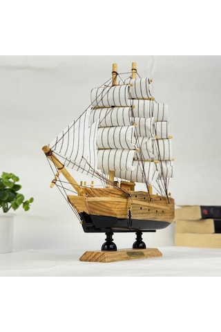 Ahşap El Yapımı Yelkenli Model Biblo, Dekoratif Masaüstü Gemi Maketi, Ev Ofis Dekoru, 24 Cm